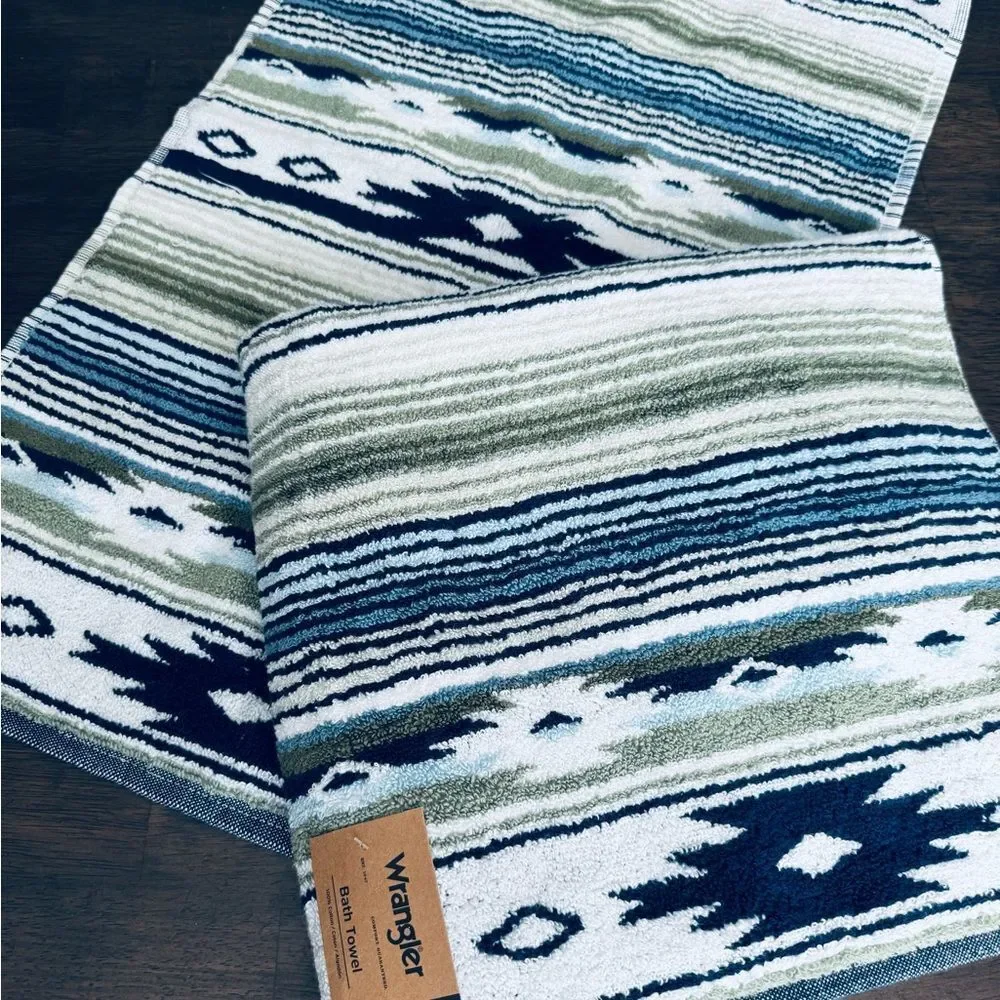 Wrangler 2-ct Western Aztec Blue Green Tribal Boho Bath & Hand Towels Set